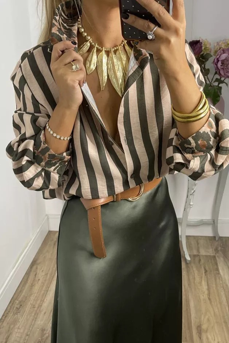 Stripe Leopard Patchwork Contrast Shirt Collar Blouses