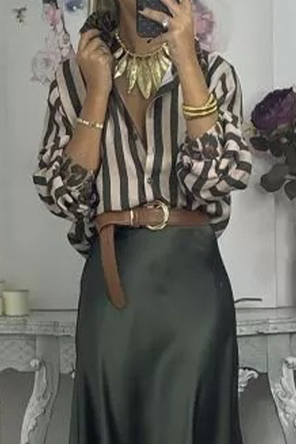 Stripe Leopard Patchwork Contrast Shirt Collar Blouses