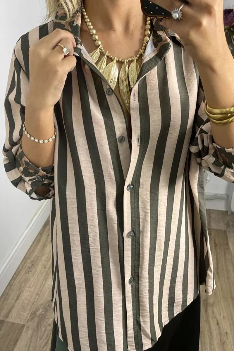 Stripe Leopard Patchwork Contrast Shirt Collar Blouses