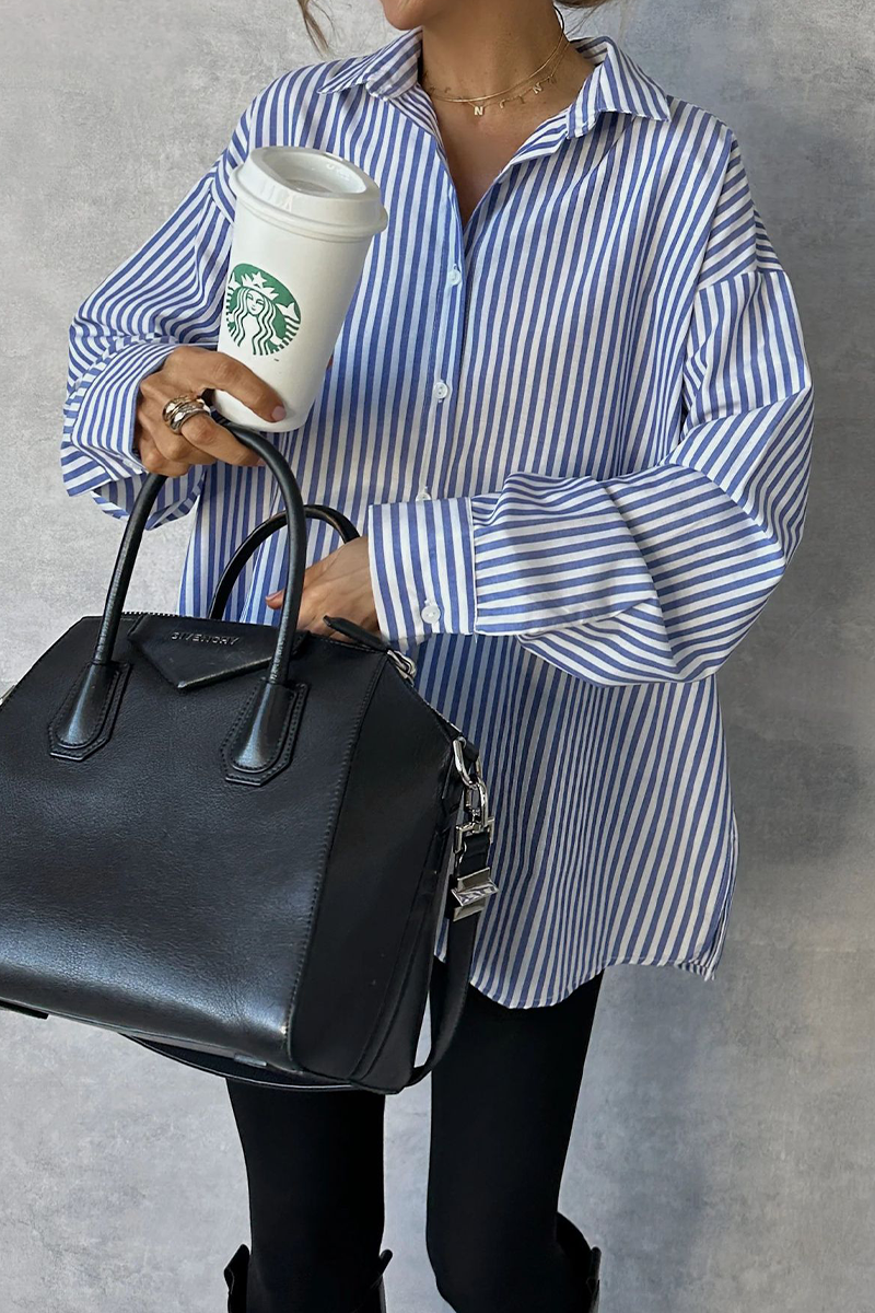 Stripe Buttons Turndown Collar Blouses