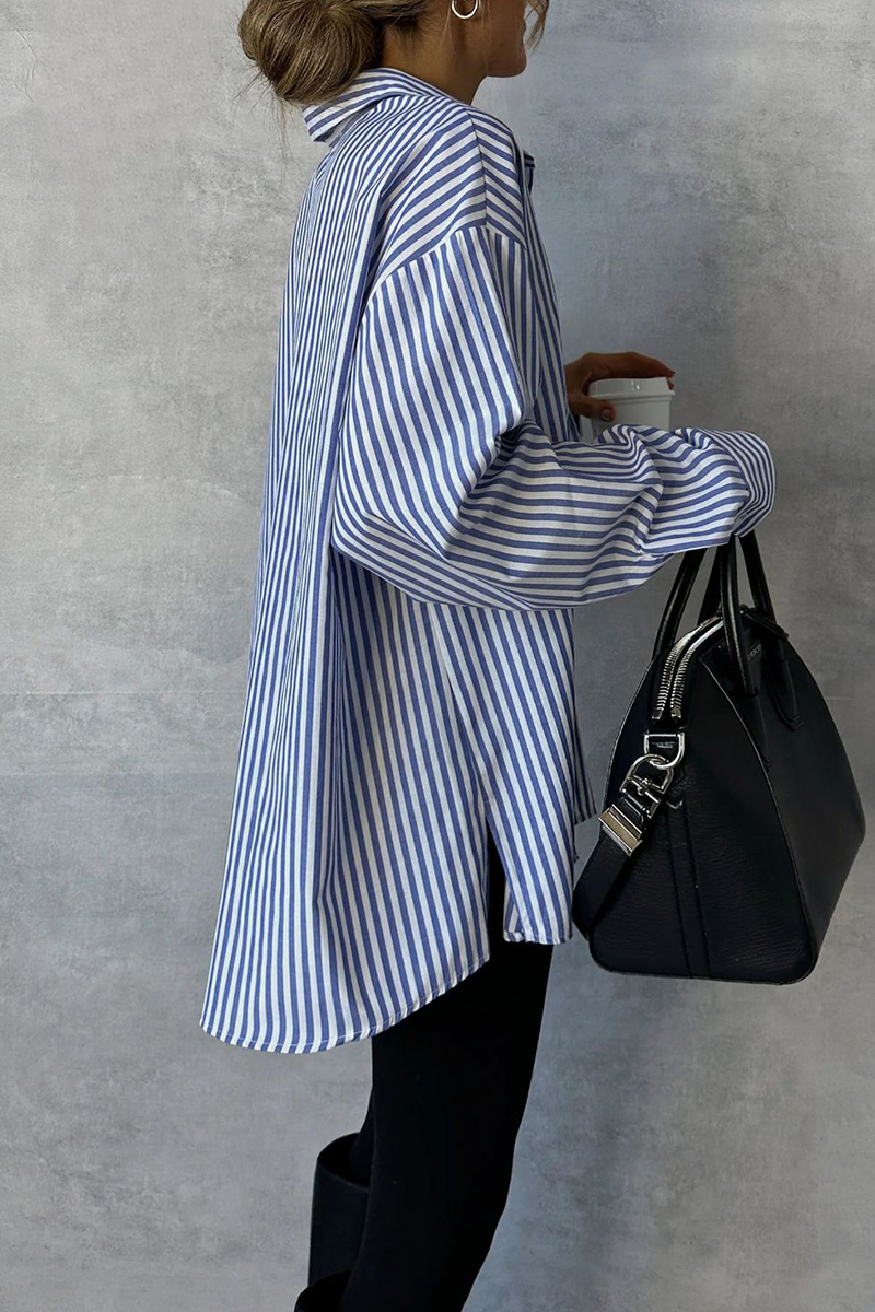 Stripe Buttons Turndown Collar Blouses