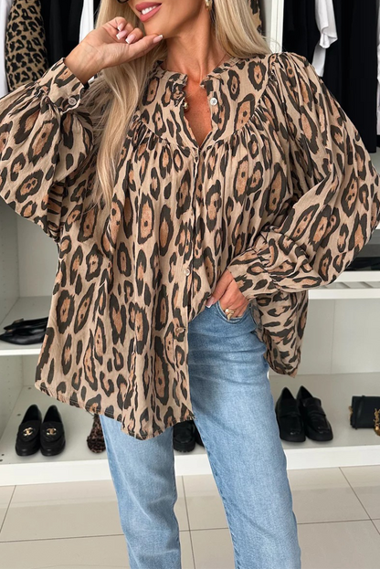 Leopard Buttons Ruched O Neck Blouses