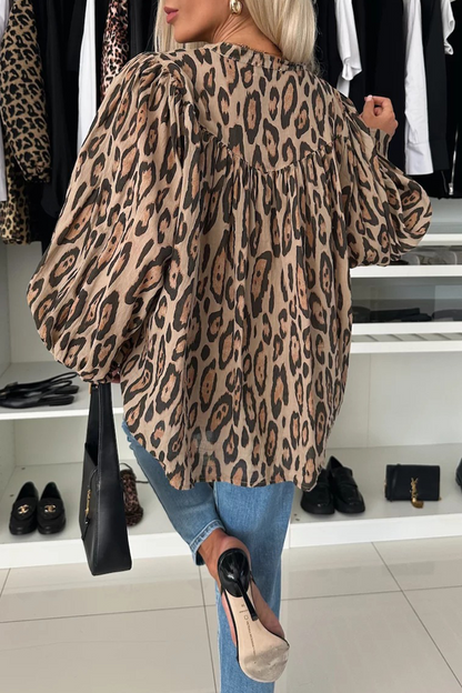 Leopard Buttons Ruched O Neck Blouses