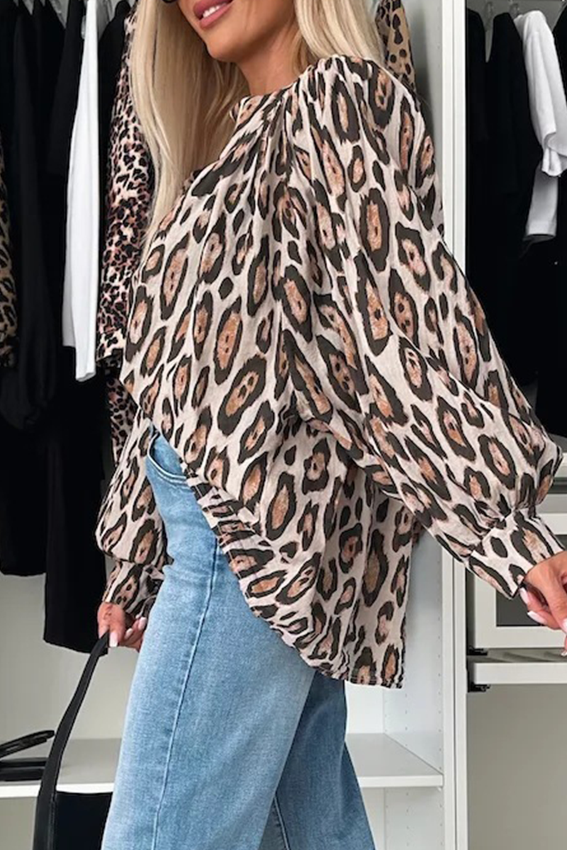 Leopard Buttons Ruched O Neck Blouses