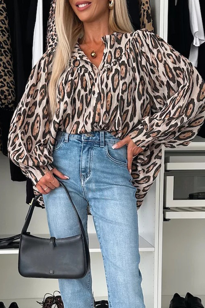 Leopard Buttons Ruched O Neck Blouses