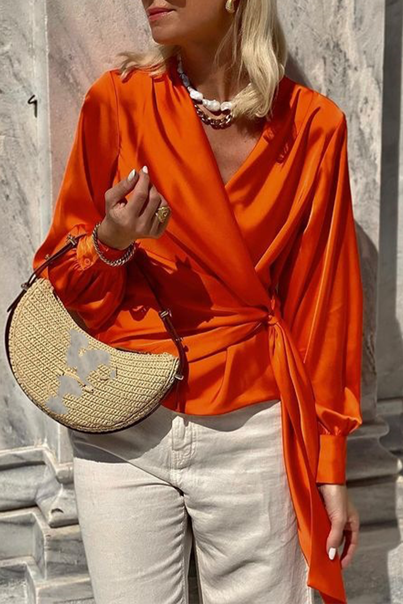 Color Lace Up V Neck Blouses