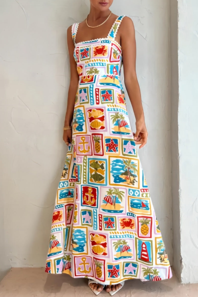 Print Backless Square Neck Long Dresses