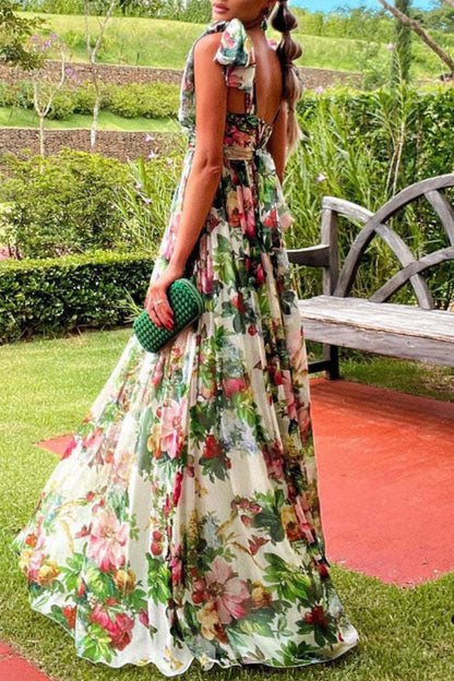 Print Backless Belted Square Neck Long Dresses