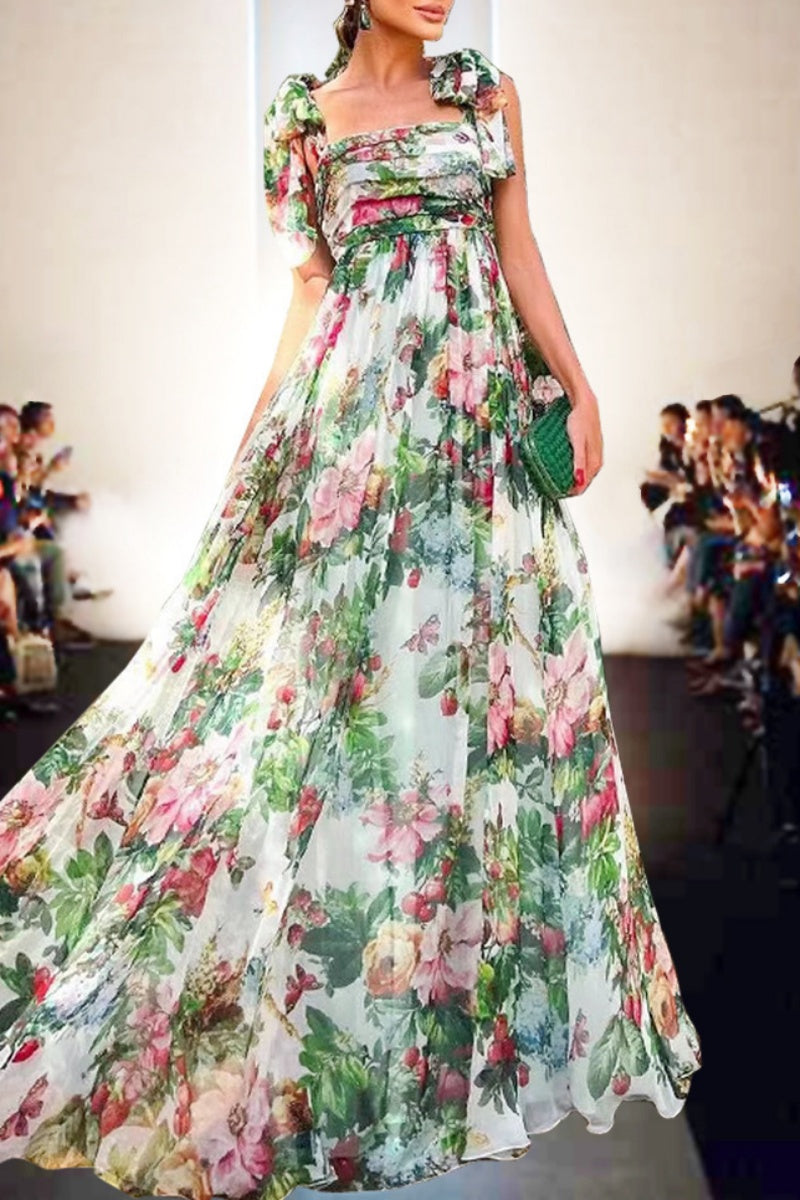 Print Backless Belted Square Neck Long Dresses