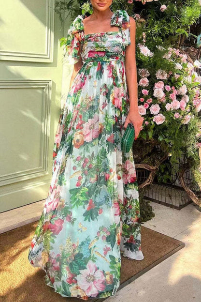 Print Backless Belted Square Neck Long Dresses