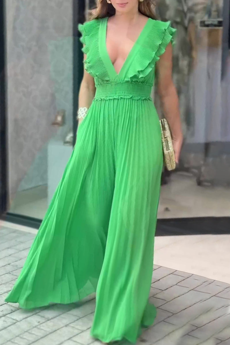 Patchwork Deep V Neck Regular Jumpsuits