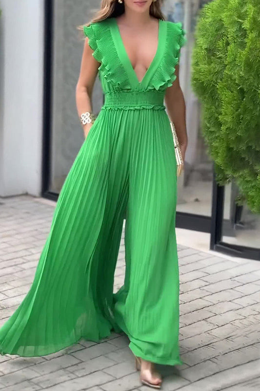 Patchwork Deep V Neck Regular Jumpsuits