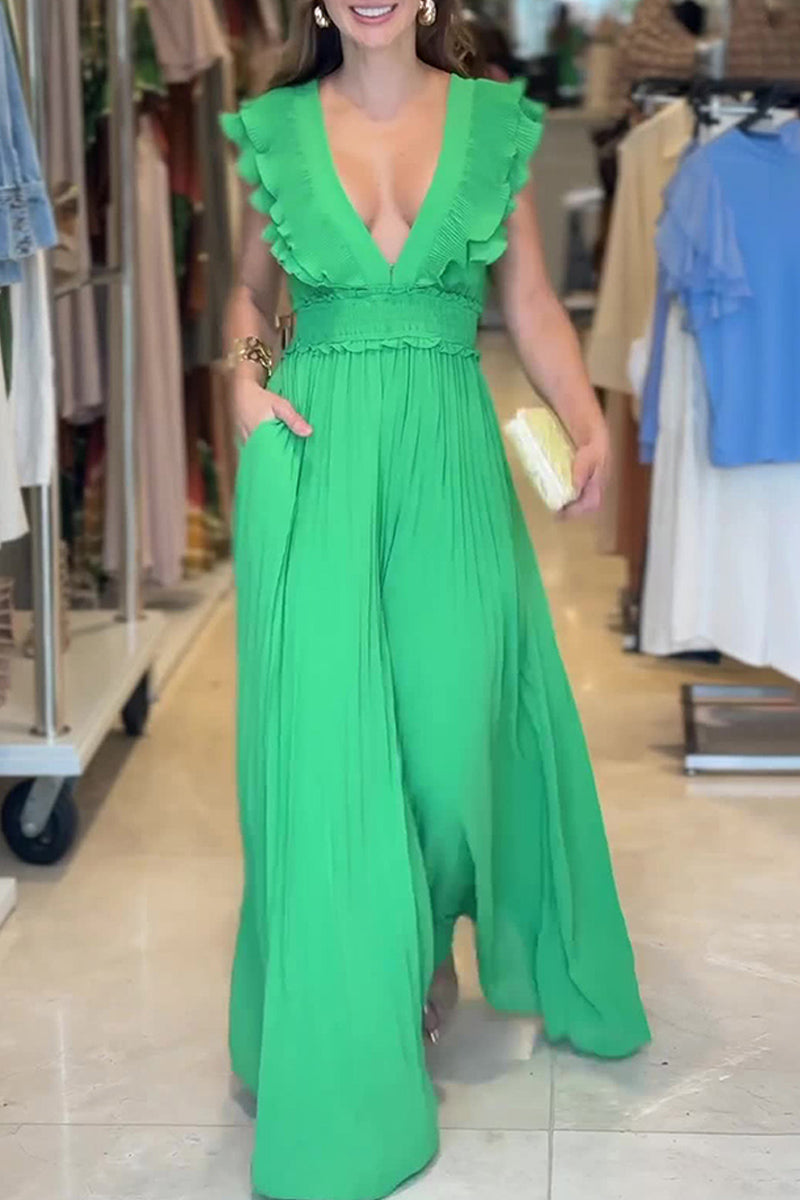 Patchwork Deep V Neck Regular Jumpsuits