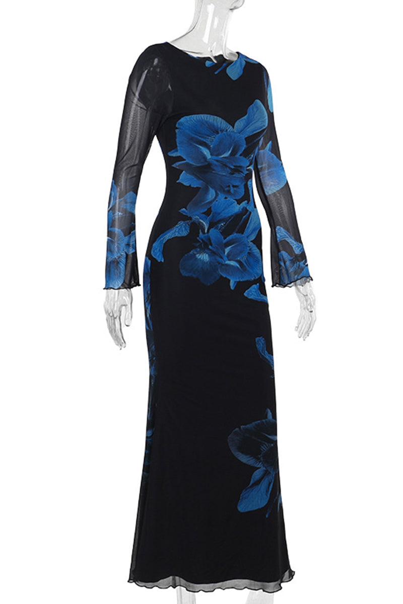 Print Patchwork O Neck Long Dresses