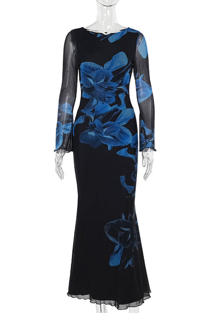 Print Patchwork O Neck Long Dresses