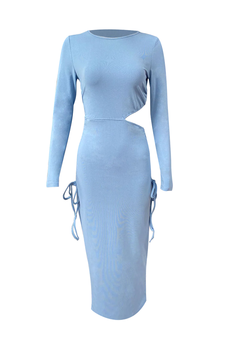 Daily Hollow Out Draw String O Neck One Step Skirt Dresses