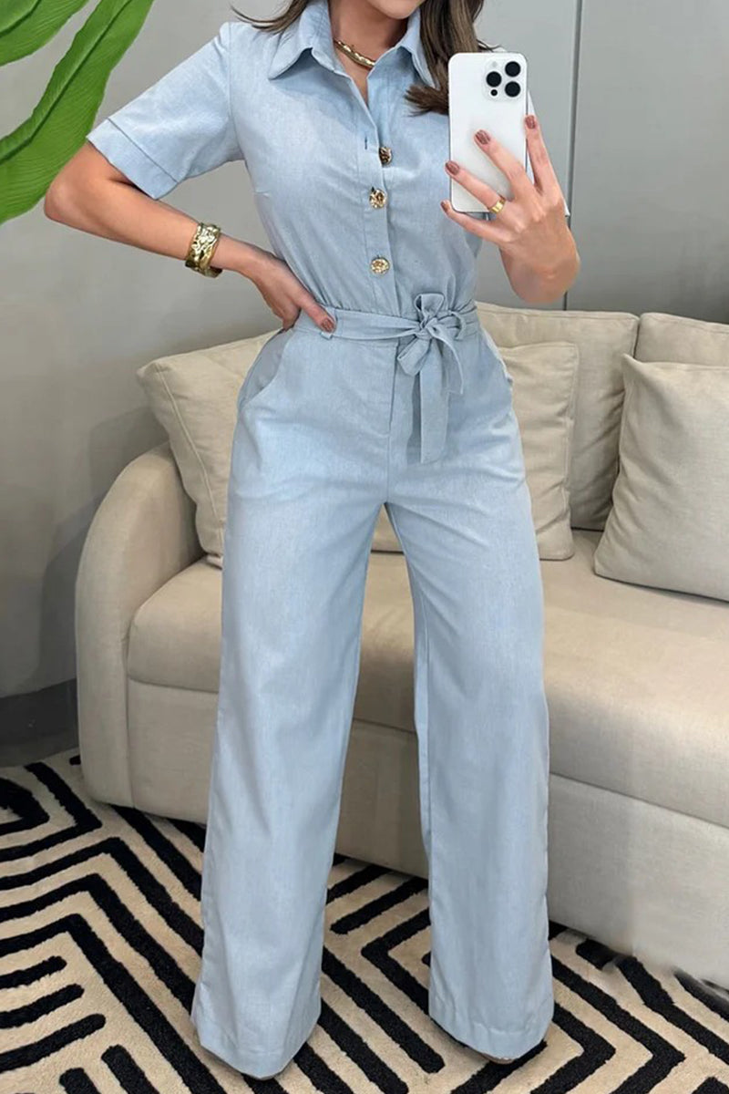 Daily Pocket Lace Up Buttons Turndown Collar Loose Jumpsuits