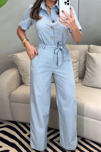 Daily Pocket Lace Up Buttons Turndown Collar Loose Jumpsuits