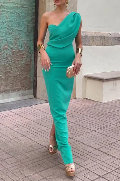 Slit Ruched Irregular Sloping Shoulder One Step Skirt Dresses