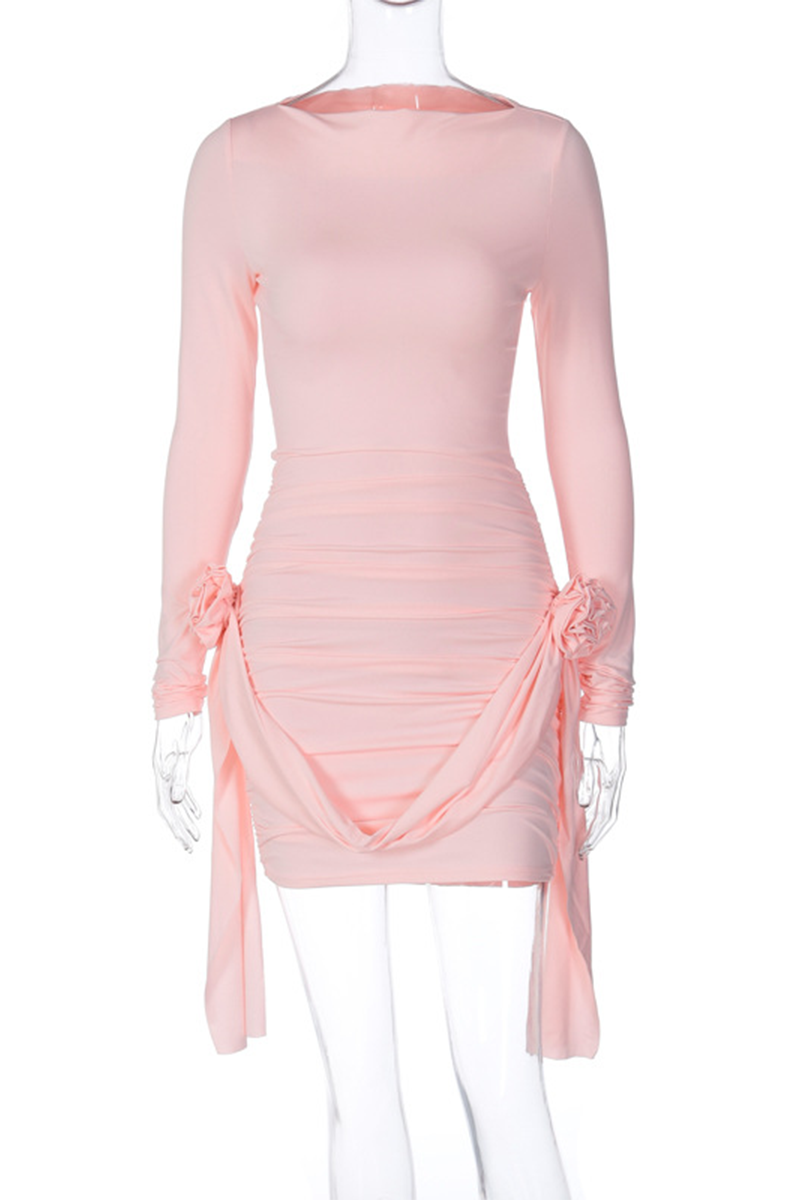 Vacation Patchwork Ruched Flower Shape O Neck Wrapped Skirt Dresses