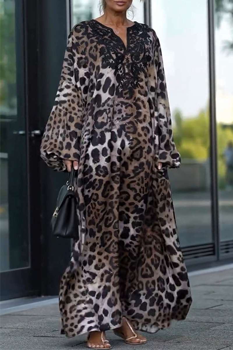 Street Leopard Patchwork V Neck Long Dresses