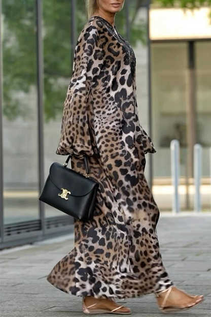 Street Leopard Patchwork V Neck Long Dresses