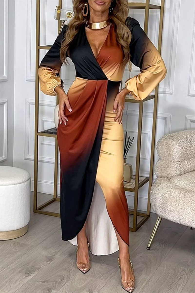 Gradient Color Irregular Contrast V Neck One Step Skirt Dresses