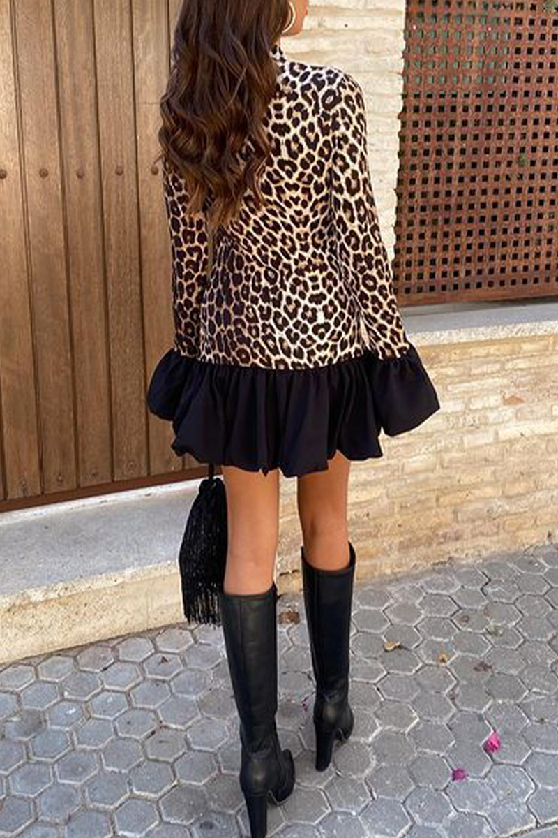 Street Leopard Patchwork Ruffle Half a Turtleneck Mini Dresses