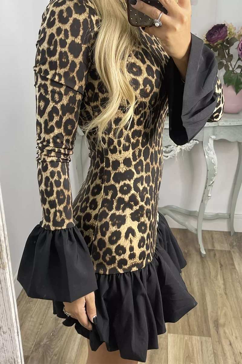 Street Leopard Patchwork Ruffle Half a Turtleneck Mini Dresses