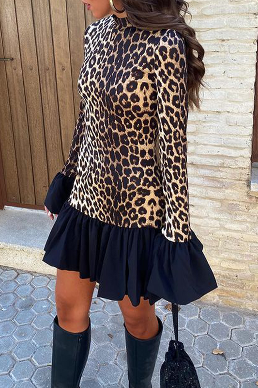 Street Leopard Patchwork Ruffle Half a Turtleneck Mini Dresses