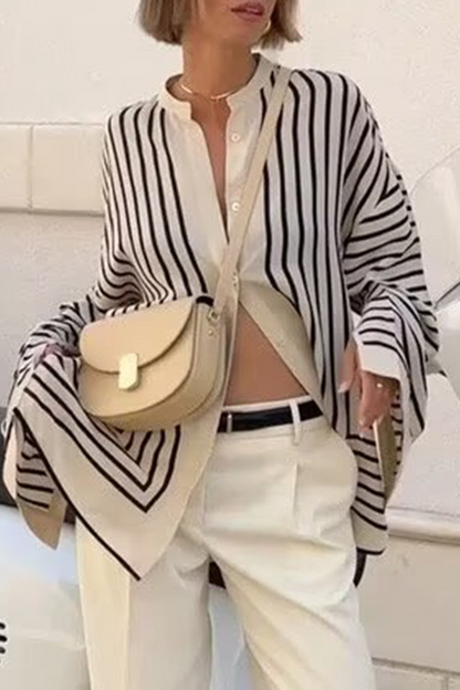 Stripe Buttons Slit Contrast O Neck Blouses