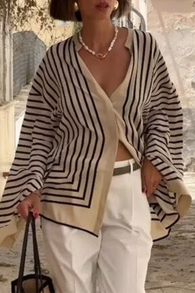 Stripe Buttons Slit Contrast O Neck Blouses