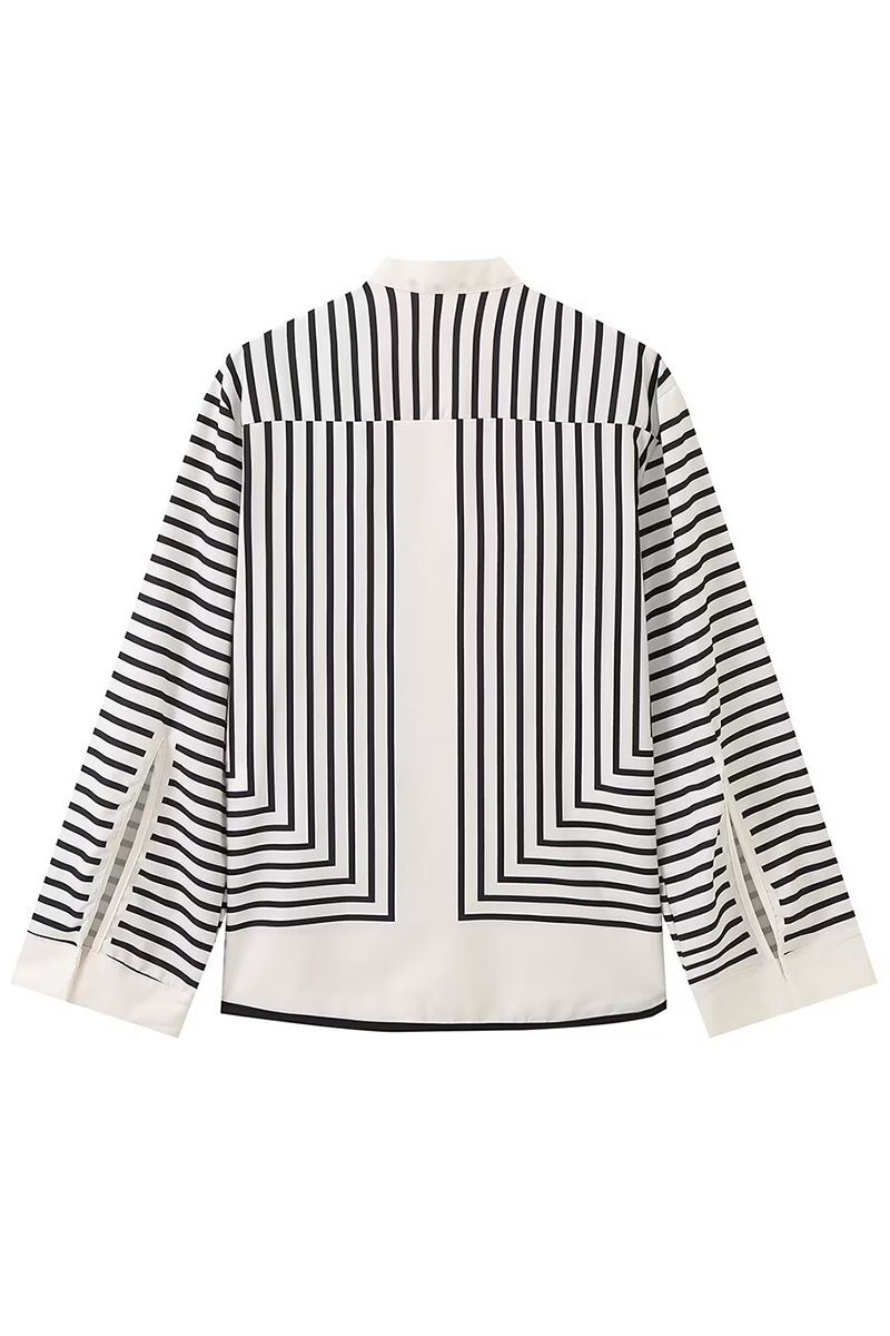 Stripe Buttons Slit Contrast O Neck Blouses
