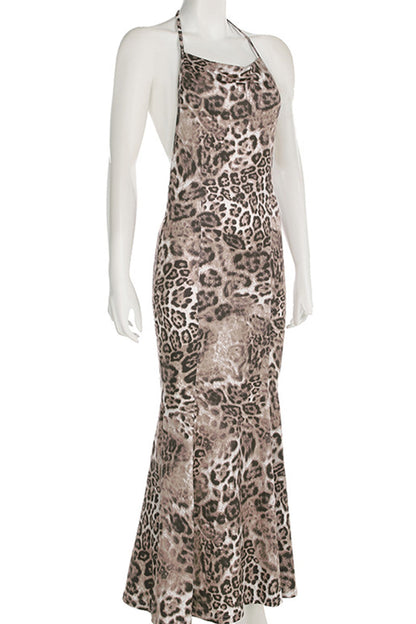 Leopard Print Patchwork Backless Strap Design Halter Long Dresses