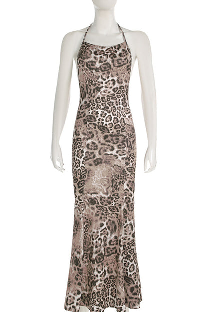 Leopard Print Patchwork Backless Strap Design Halter Long Dresses