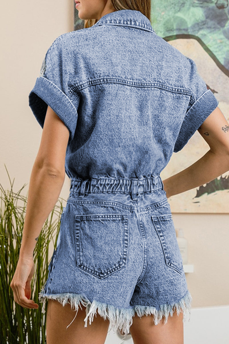 Ripped Patchwork Turndown Collar Short Sleeve High Waist Regular Denim Romper(4 Colors)