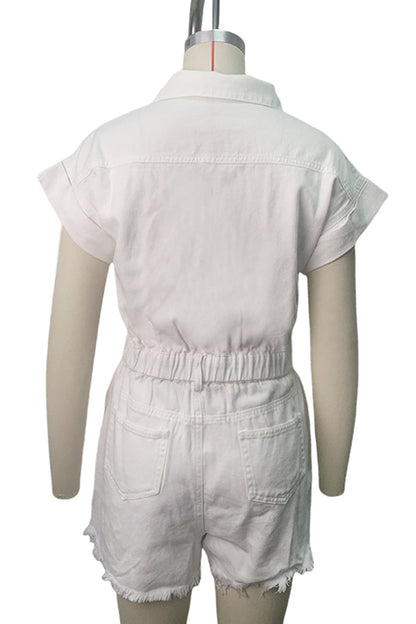 Ripped Patchwork Turndown Collar Short Sleeve High Waist Regular Denim Romper(4 Colors)