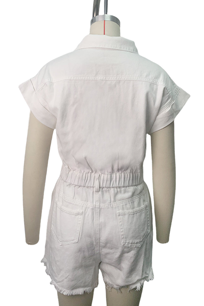 Ripped Patchwork Turndown Collar Short Sleeve High Waist Regular Denim Romper(4 Colors)