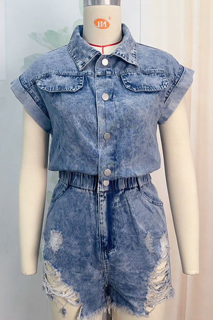 Ripped Patchwork Turndown Collar Short Sleeve High Waist Regular Denim Romper(4 Colors)