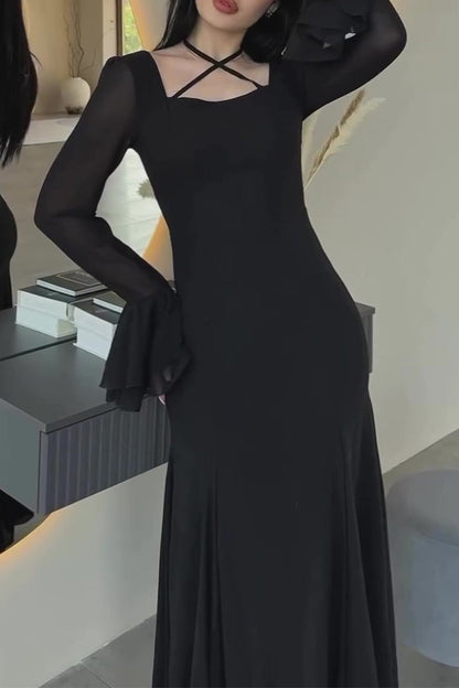 Party Ruffle Cross Straps Ruched Mesh Square Neck Long Dresses