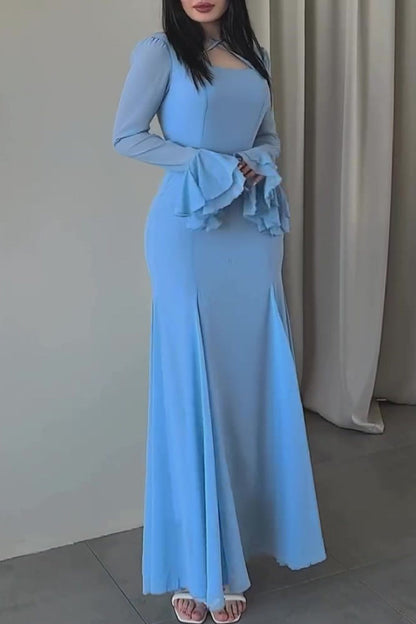 Party Ruffle Cross Straps Ruched Mesh Square Neck Long Dresses