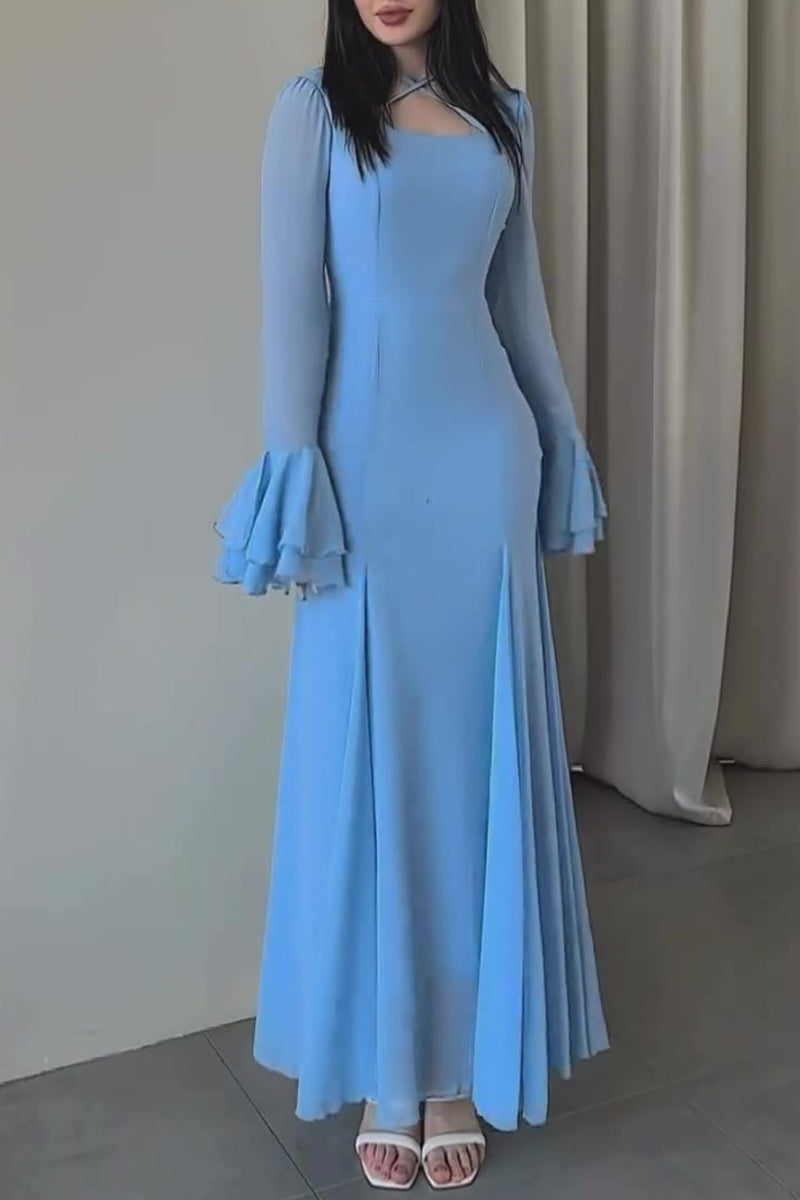 Party Ruffle Cross Straps Ruched Mesh Square Neck Long Dresses
