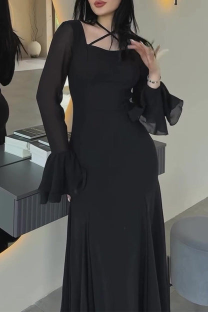 Party Ruffle Cross Straps Ruched Mesh Square Neck Long Dresses