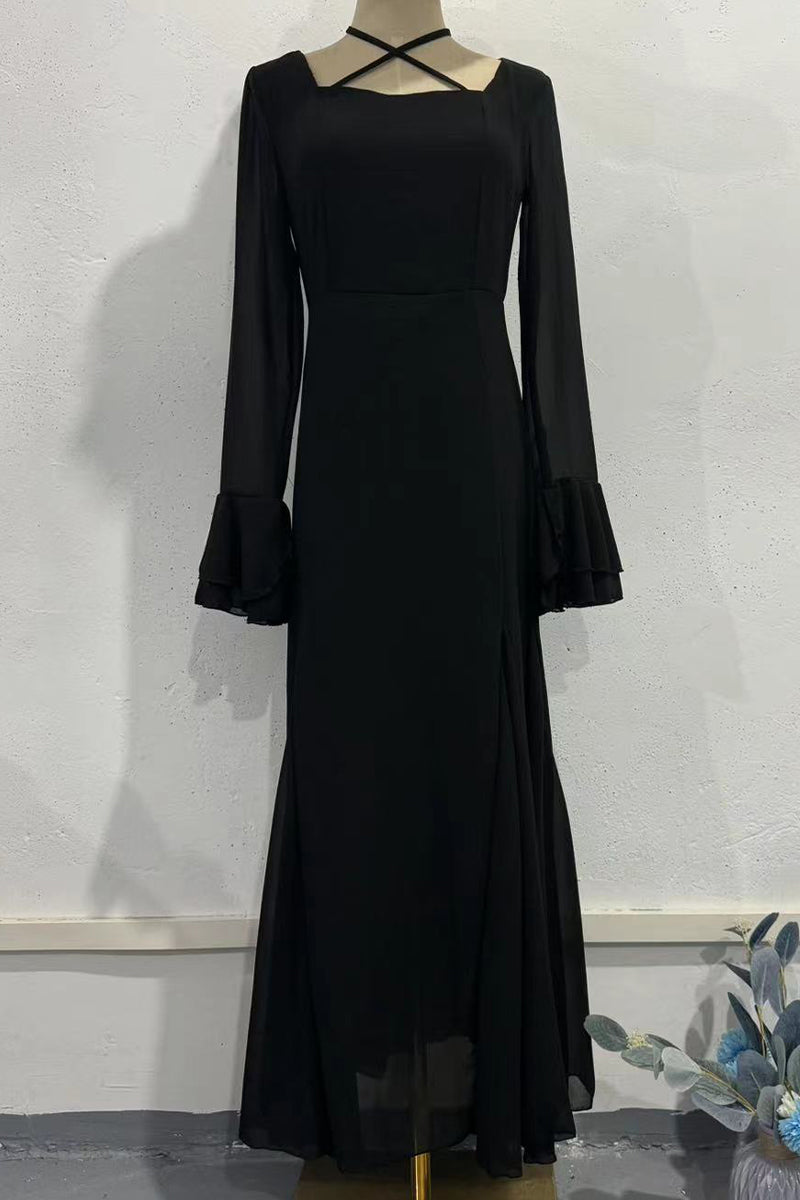 Party Ruffle Cross Straps Ruched Mesh Square Neck Long Dresses