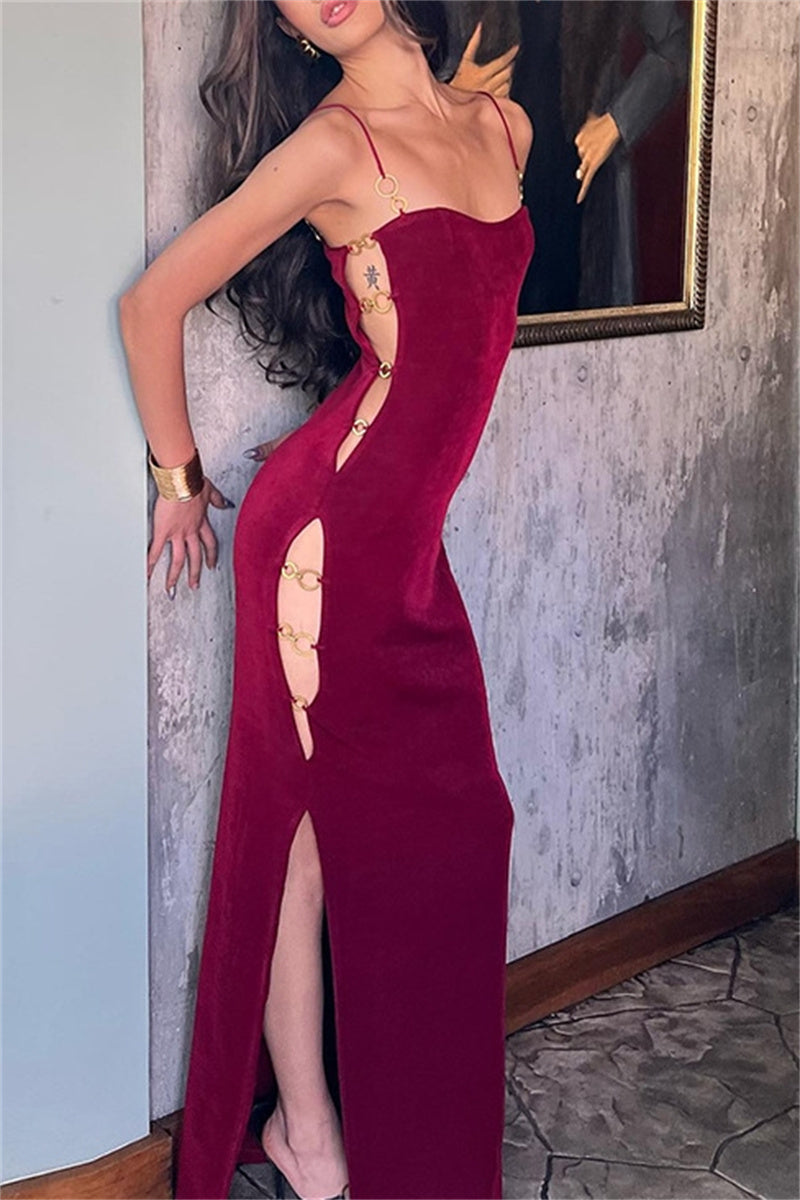 Hollow Out Slit Spaghetti Strap Long Dresses