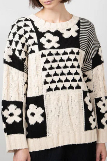 Colorblock Flowers Weave Contrast O Neck Sweaters