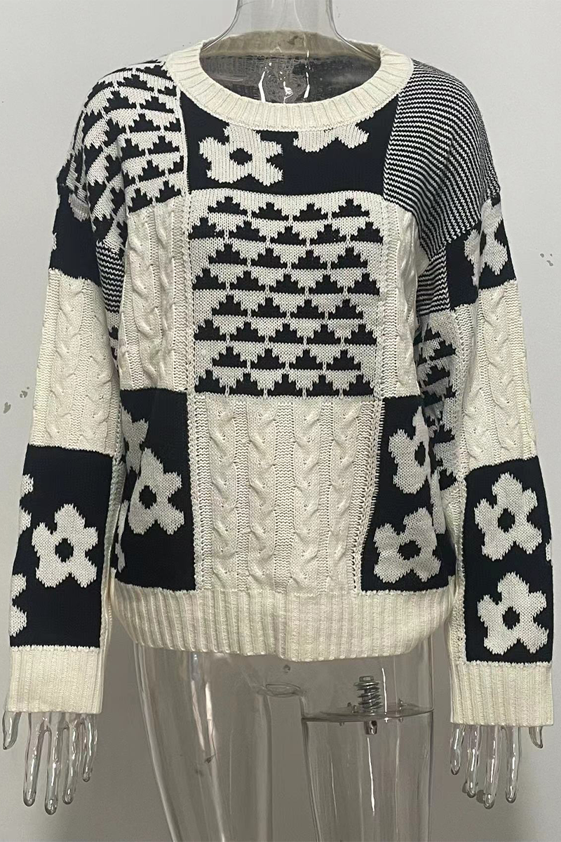 Colorblock Flowers Weave Contrast O Neck Sweaters