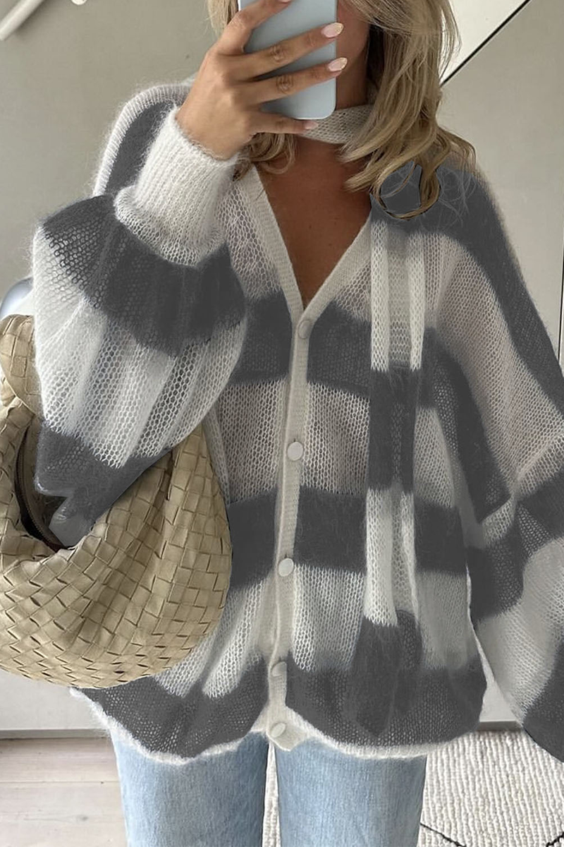 Stripe Buttons Weave Contrast V Neck Cardigans(4 Colors)