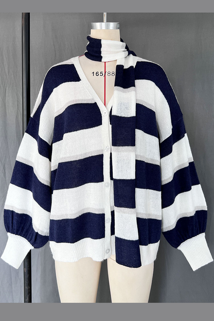 Stripe Buttons Weave Contrast V Neck Cardigans(4 Colors)