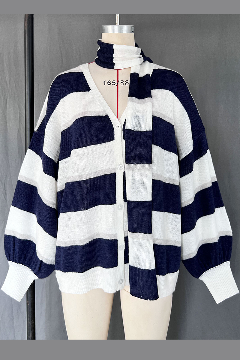 Stripe Buttons Weave Contrast V Neck Cardigans(4 Colors)